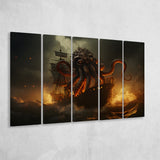 Kraken Tentacle Monster Attacks Pirate Ship V1 5 Panels B Canvas Prints Wall Art Home Decor, Extra Large Canvas