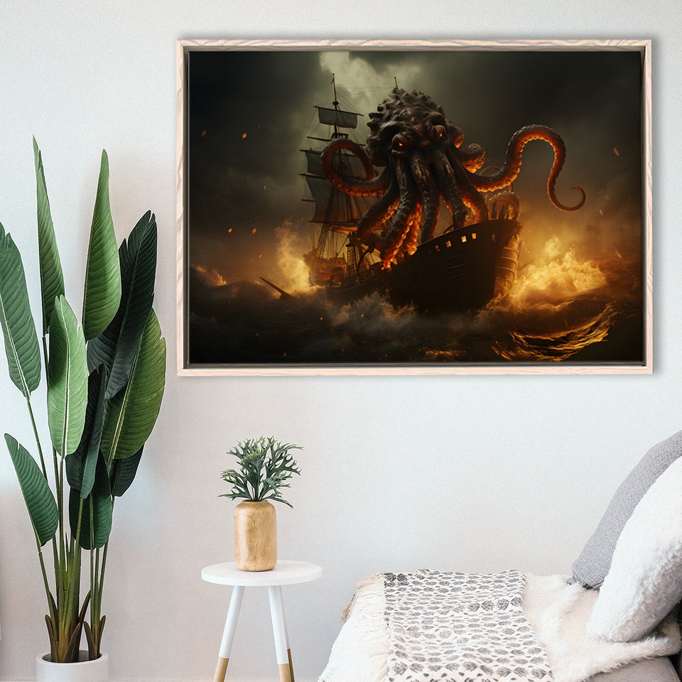Kraken Tentacle Monster Attacks Pirate Ship V1 Framed Canvas Prints Wall Art Home Decor, Painting Canvas, Floating Frame