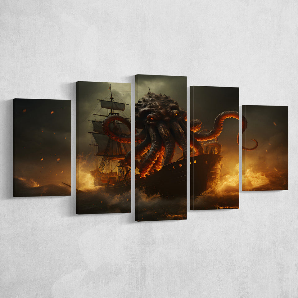 Kraken Tentacle Monster Attacks Pirate Ship V1 5 Panels Canvas Prints Wall Art Home Decor, Large Mixed Canvas