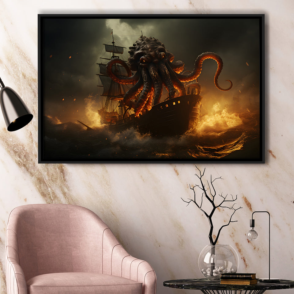 Kraken Tentacle Monster Attacks Pirate Ship V1 Framed Canvas Prints Wall Art Home Decor, Painting Canvas, Floating Frame