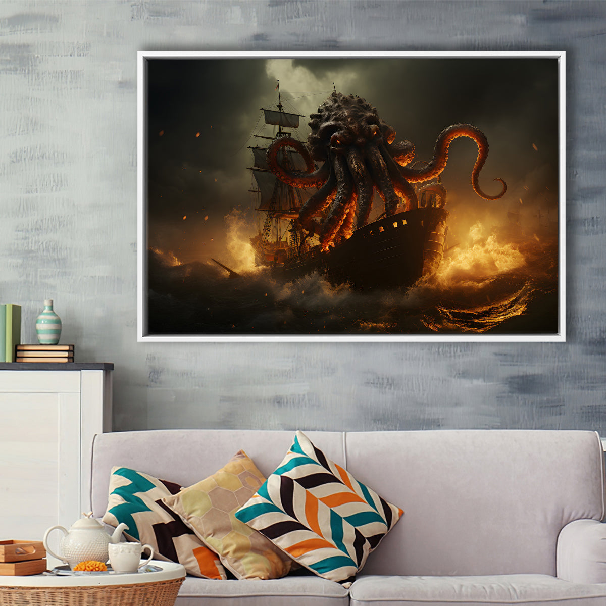 Kraken Tentacle Monster Attacks Pirate Ship V1 Framed Canvas Prints Wa