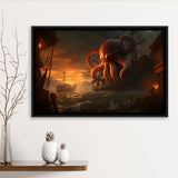 Kraken Tentacle Monster Attacks Pirate Ship V6 Framed Canvas Prints Wall Art Home Decor, Painting Canvas, Floating Frame