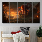 Kraken Tentacle Monster Attacks Pirate Ship V6 5 Panels B Canvas Prints Wall Art Home Decor, Extra Large Canvas
