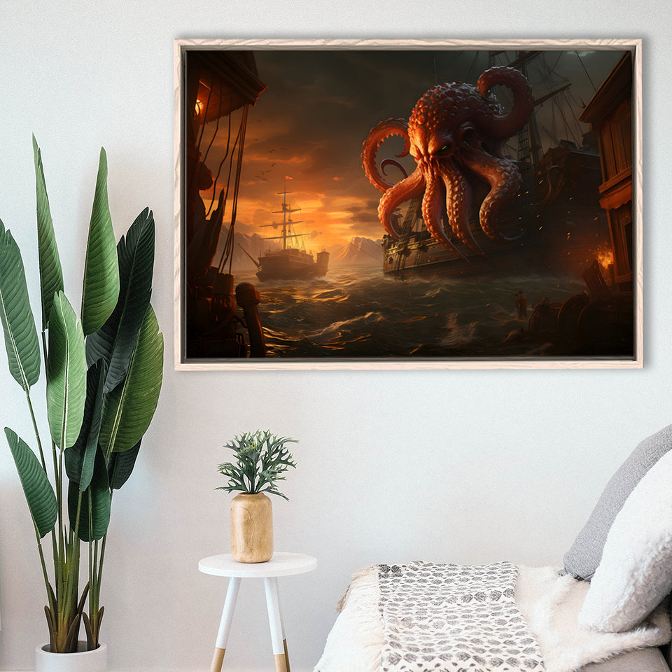 Kraken Tentacle Monster Attacks Pirate Ship V6 Framed Canvas Prints Wall Art Home Decor, Painting Canvas, Floating Frame