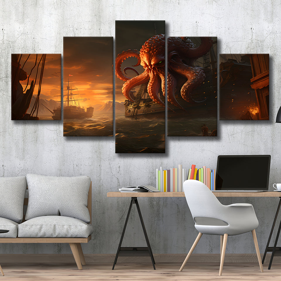 Kraken Tentacle Monster Attacks Pirate Ship V6 5 Panels Canvas Prints Wall Art Home Decor, Large Mixed Canvas