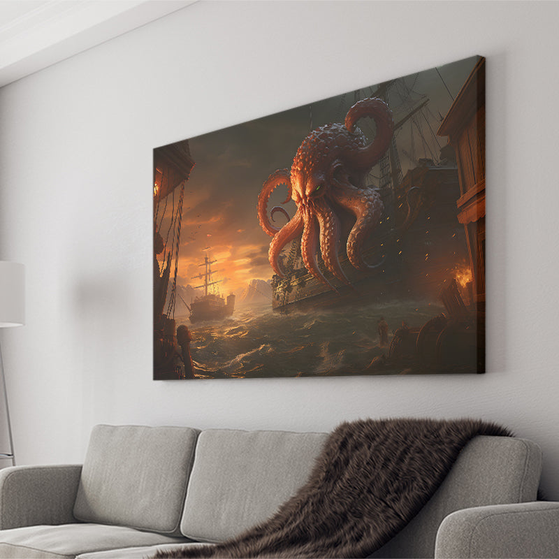 Kraken Tentacle Monster Attacks Pirate Ship V6 Canvas Prints Wall Art Home Decor, Painting Canvas, Living Room Wall Decor