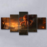 Kraken Tentacle Monster Attacks Pirate Ship V6 5 Panels Canvas Prints Wall Art Home Decor, Large Mixed Canvas