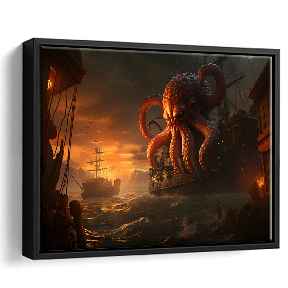 Kraken Tentacle Monster Attacks Pirate Ship V6 Framed Canvas Prints Wa