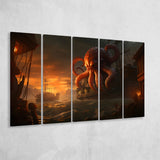 Kraken Tentacle Monster Attacks Pirate Ship V6 5 Panels B Canvas Prints Wall Art Home Decor, Extra Large Canvas
