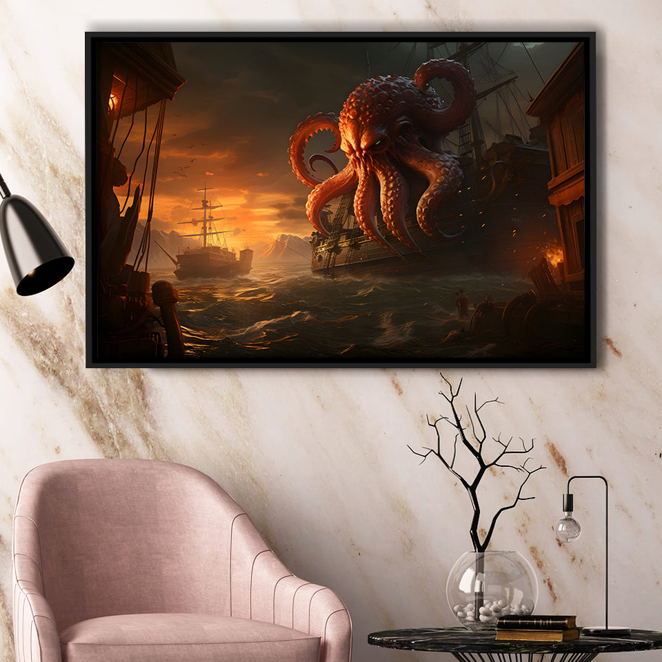 Kraken Tentacle Monster Attacks Pirate Ship V6 Framed Canvas Prints Wall Art Home Decor, Painting Canvas, Floating Frame