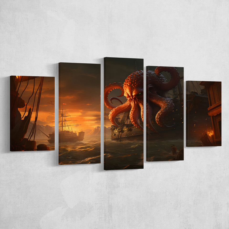 Kraken Tentacle Monster Attacks Pirate Ship V6 5 Panels Canvas Prints Wall Art Home Decor, Large Mixed Canvas