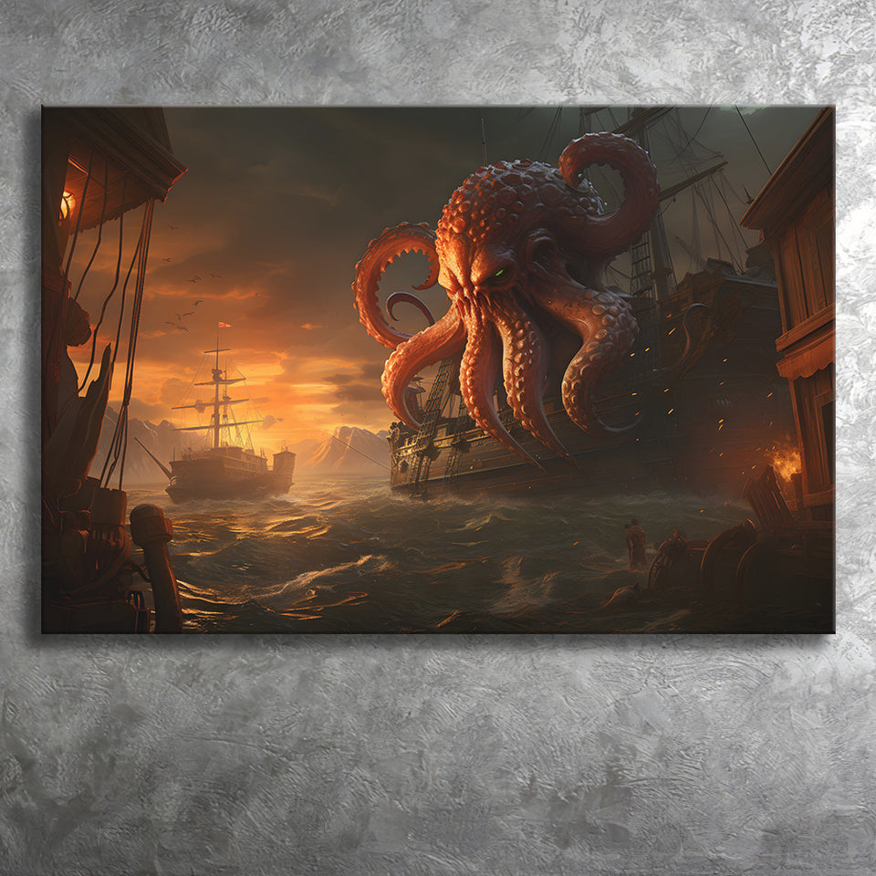 Kraken Tentacle Monster Attacks Pirate Ship V6 Canvas Prints Wall Art Home Decor, Painting Canvas, Living Room Wall Decor