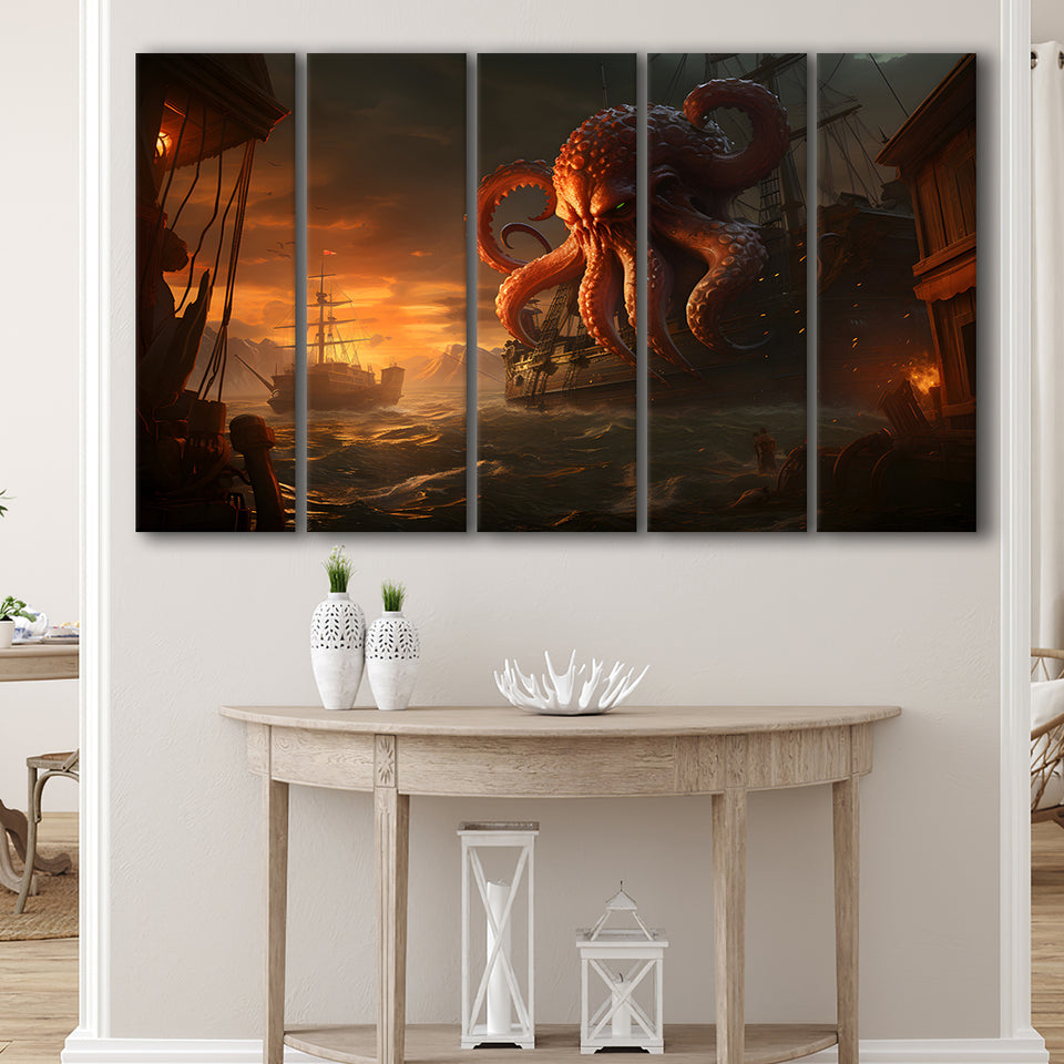 Kraken Tentacle Monster Attacks Pirate Ship V6 5 Panels B Canvas Prints Wall Art Home Decor, Extra Large Canvas