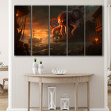 Kraken Tentacle Monster Attacks Pirate Ship V6 5 Panels B Canvas Prints Wall Art Home Decor, Extra Large Canvas