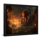 Kraken Tentacle Monster Attacks Pirate Ship V6 Framed Art Prints Wall Decor, Painting Art, Framed Picture