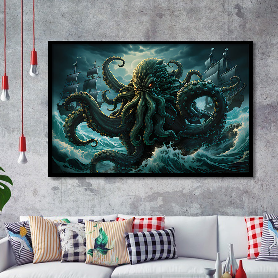 Kraken Tentacle Monster Attacks Pirate Ship V7 Framed Art Prints Wall Decor, Painting Art, Framed Picture