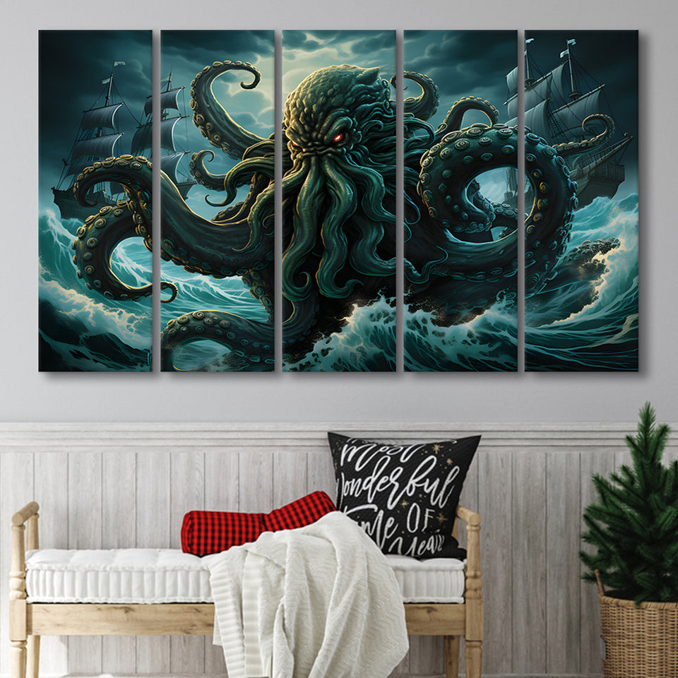 Kraken Tentacle Monster Attacks Pirate Ship V7 5 Panels B Canvas