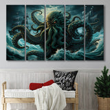 Kraken Tentacle Monster Attacks Pirate Ship V7 5 Panels B Canvas Prints Wall Art Home Decor, Extra Large Canvas