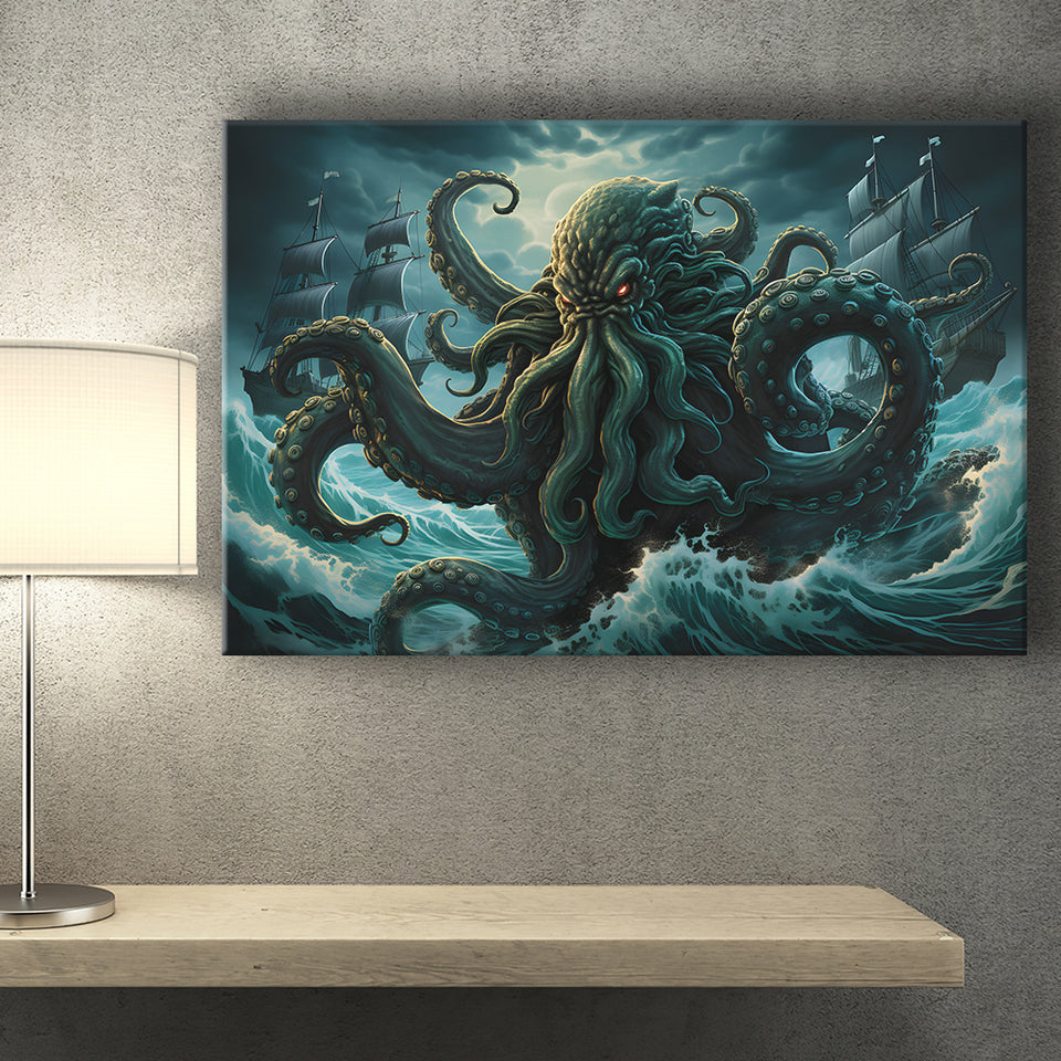 Kraken Tentacle Monster Attacks Pirate Ship V7 Canvas Prints Wall Art Home Decor, Painting Canvas, Living Room Wall Decor