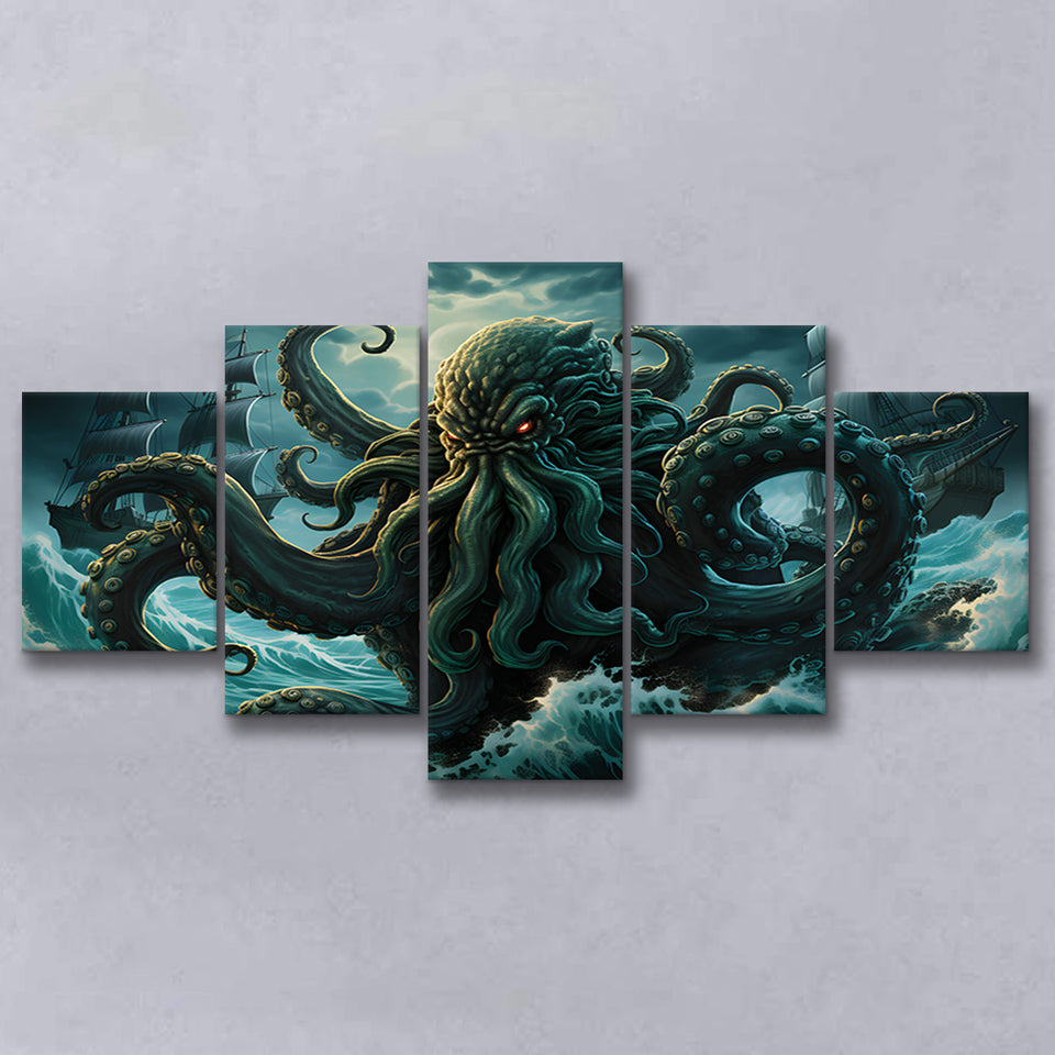 Kraken Tentacle Monster Attacks Pirate Ship V7 5 Panels Canvas Prints Wall Art Home Decor, Large Mixed Canvas