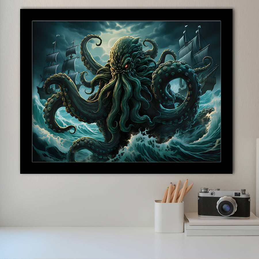 Kraken Tentacle Monster Attacks Pirate Ship V7 Framed Art Prints Wall Decor, Painting Art, Framed Picture