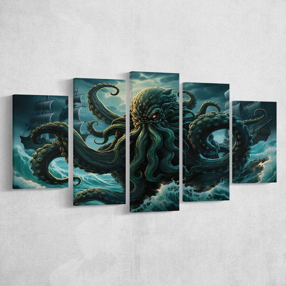 Kraken Tentacle Monster Attacks Pirate Ship V7 5 Panels Canvas Prints Wall Art Home Decor, Large Mixed Canvas