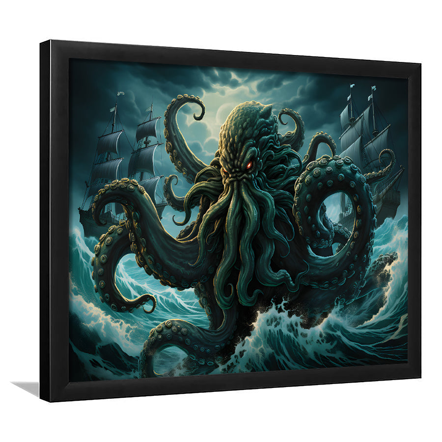 Kraken Tentacle Monster Attacks Pirate Ship V7 Framed Art Prints Wall Decor, Painting Art, Framed Picture