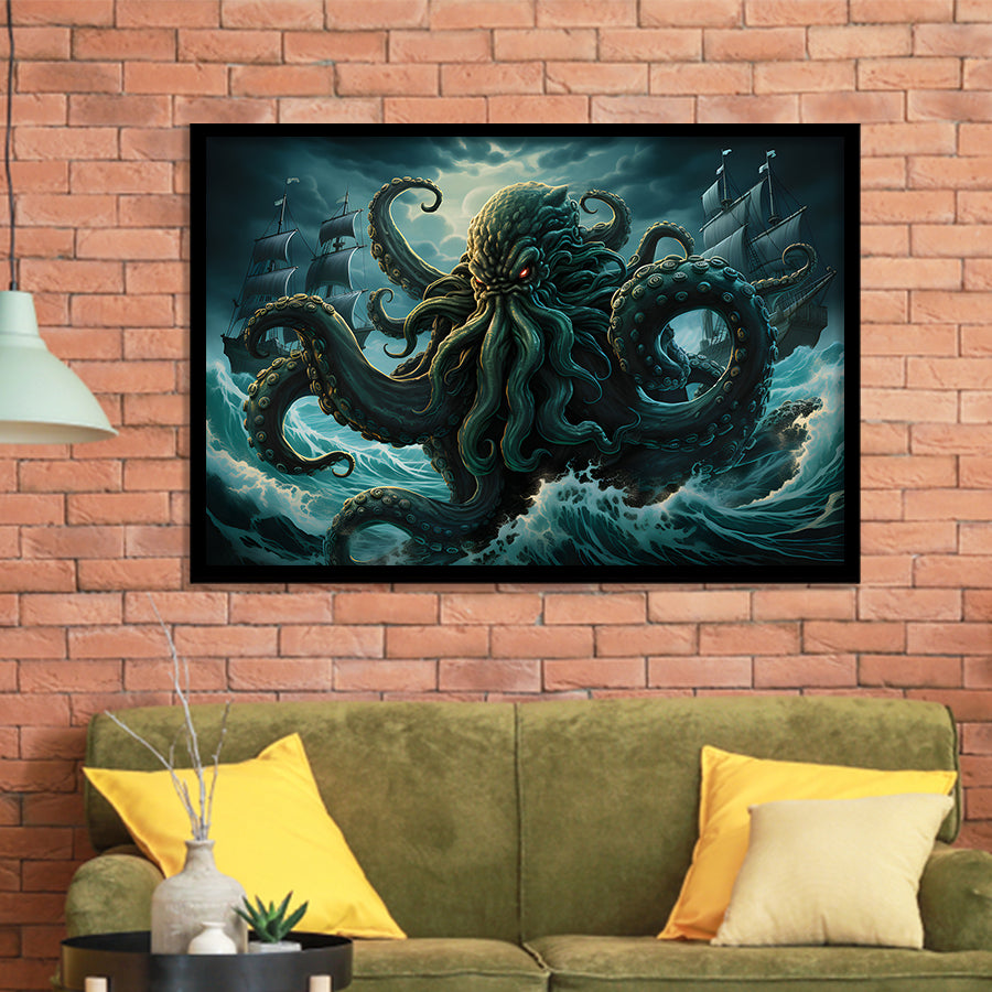 Kraken Tentacle Monster Attacks Pirate Ship V7 Framed Art Prints Wall Decor, Painting Art, Framed Picture