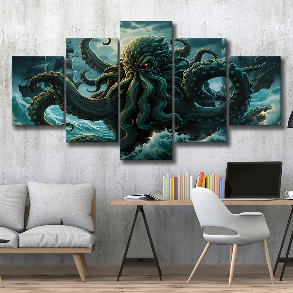 Kraken Tentacle Monster Attacks Pirate Ship V7 5 Panels Canvas Prints Wall Art Home Decor, Large Mixed Canvas