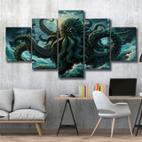 Kraken Tentacle Monster Attacks Pirate Ship V7 5 Panels Canvas Prints Wall Art Home Decor, Large Mixed Canvas