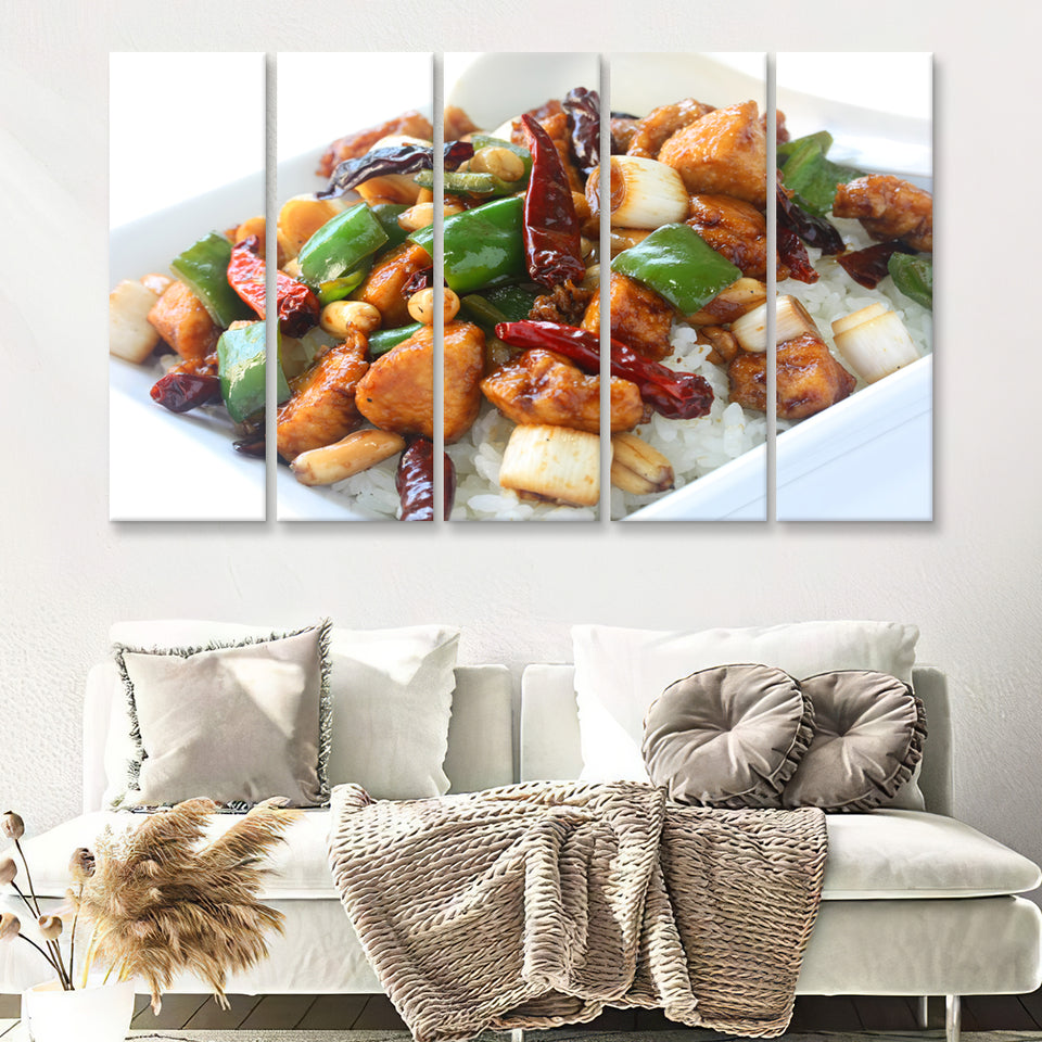 Kung Pao chicken over rice  Chinese food 5 Pieces Canvas Prints Wall Art - Painting Canvas, Multi Panels, Wall Decor