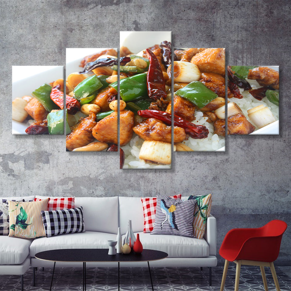 Kung Pao chicken over rice  Chinese food 5 Pieces Canvas Prints Wall Art - Painting Canvas, Multi Panels, Wall Decor