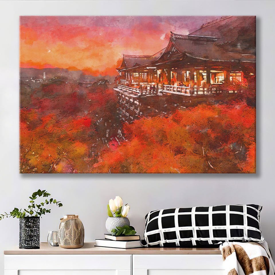 Kyoto Japan Kiyomizudera Temple City Art Watercolor Canvas Prints Wall Art Home Decor, Large Canvas