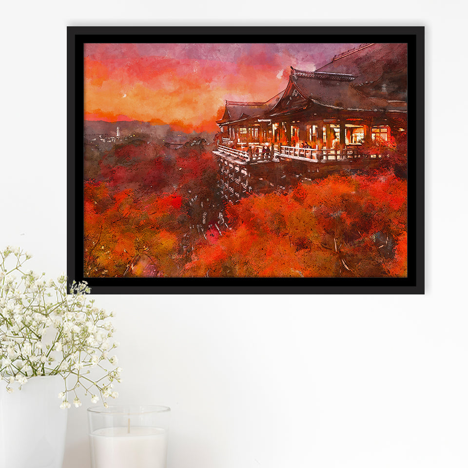 Kyoto Japan Kiyomizudera Temple City Art Watercolor Framed Canvas Prints Wall Art Home Decor,Floating Frame