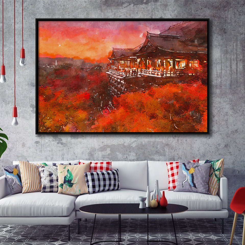 Kyoto Japan Kiyomizudera Temple City Art Watercolor Framed Canvas Prints Wall Art Home Decor,Floating Frame