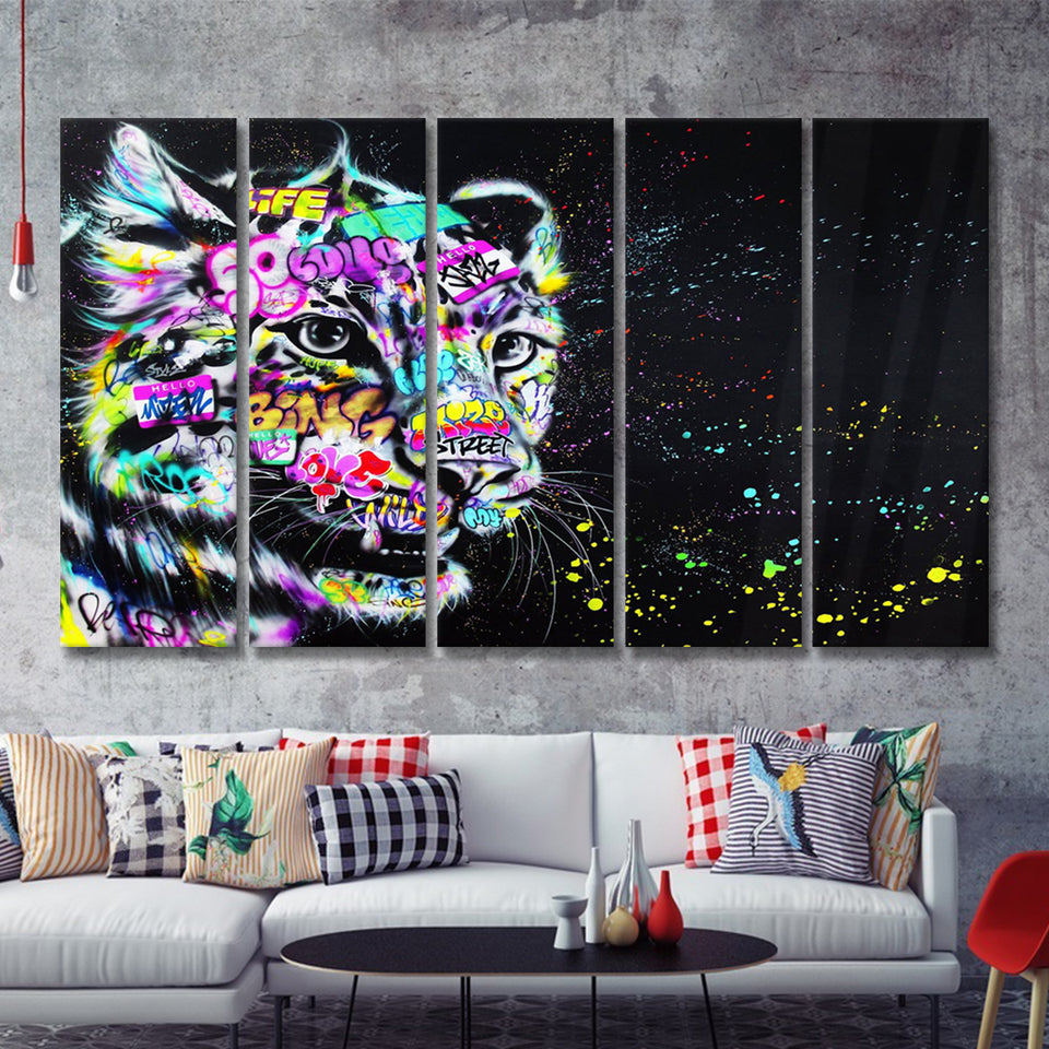 Leopard Graffiti Canvas 5 Piece B Prints Wall Art Decor - Painting Canvas, Multi Panels, Canvas Prints