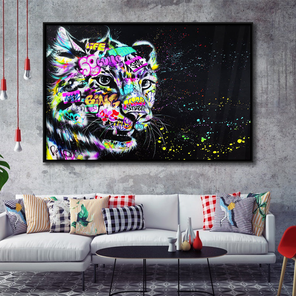 Leopard Graffiti Framed Canvas Prints Wall Art Decor - Painting Canvas, Floating Frame, Framed Picture
