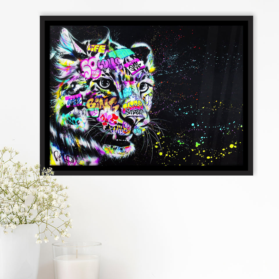 Leopard Graffiti Framed Canvas Prints Wall Art Decor - Painting Canvas, Floating Frame, Framed Picture