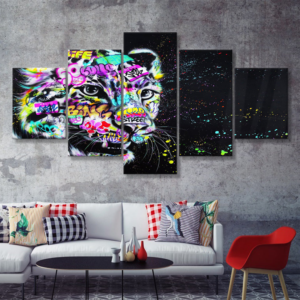 Leopard Graffiti Canvas 5 Pieces Prints Wall Art Decor - Painting Canvas, Multi Panels, Canvas Print