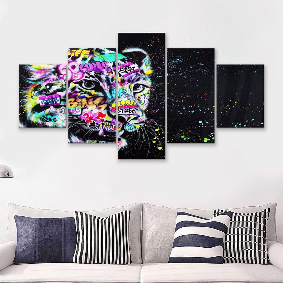 Leopard Graffiti Canvas 5 Pieces Prints Wall Art Decor - Painting Canvas, Multi Panels, Canvas Print