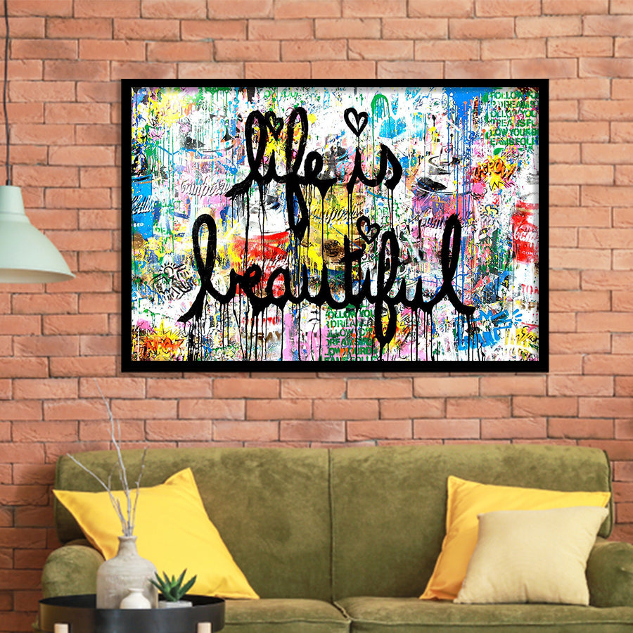 Life Is Beautiful Graffiti Art Framed Art Print Wall Decor - Painting Art, Wall Art Decor, Framed Picture, Black Frame