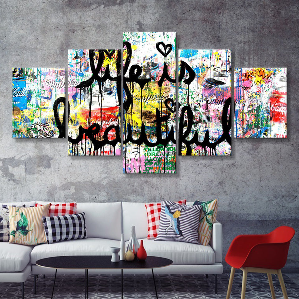 Life Is Beautiful Graffiti Art Canvas 5 Pieces Prints Wall Art Decor - Painting Canvas, Multi Panels, Canvas Print