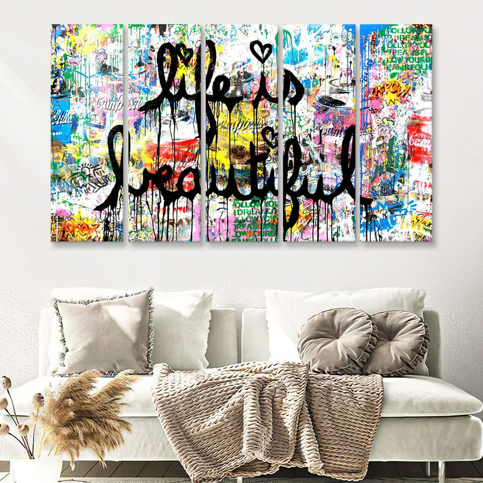 Life Is Beautiful Graffiti Art Canvas 5 Piece B Prints Wall Art Decor - Painting Canvas, Multi Panels, Canvas Prints
