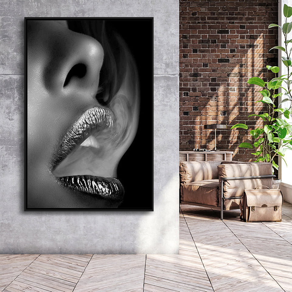 Lip Smoke Framed Canvas Prints Wall Art Home Decor - Painting Canvas,Black Frame, Ready to hang