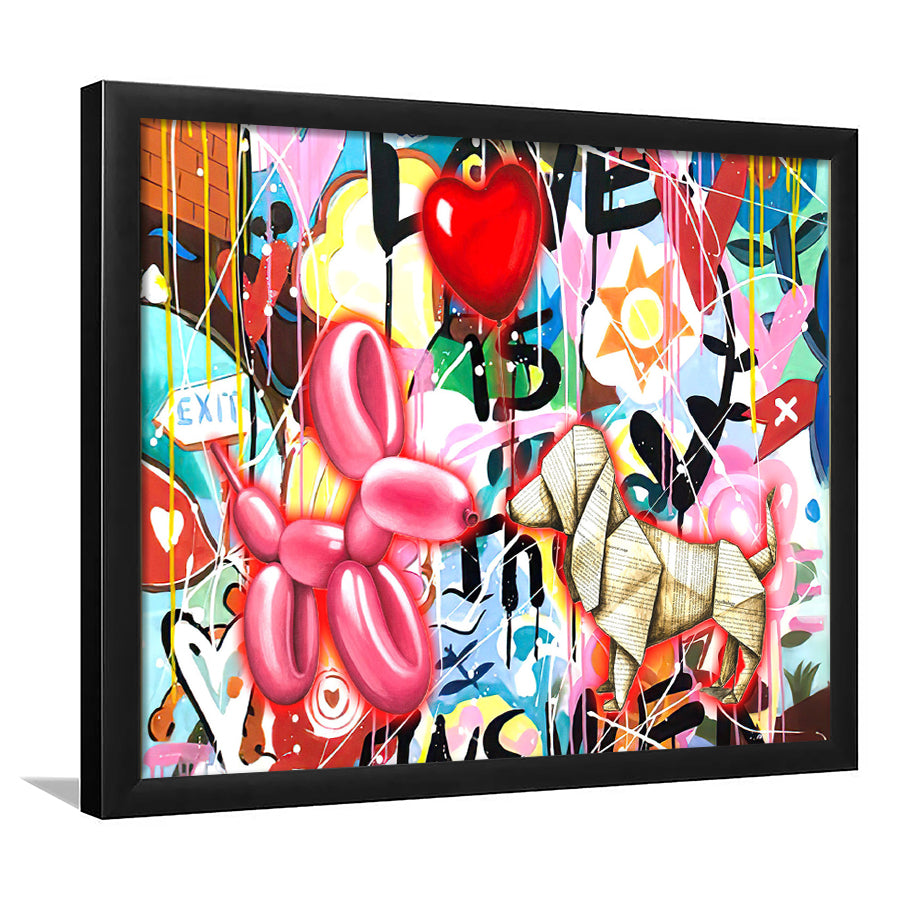 Love Heart & Balloon Dog Framed Art Print Wall Decor - Painting Art, Wall Art Decor, Framed Picture, Black Frame