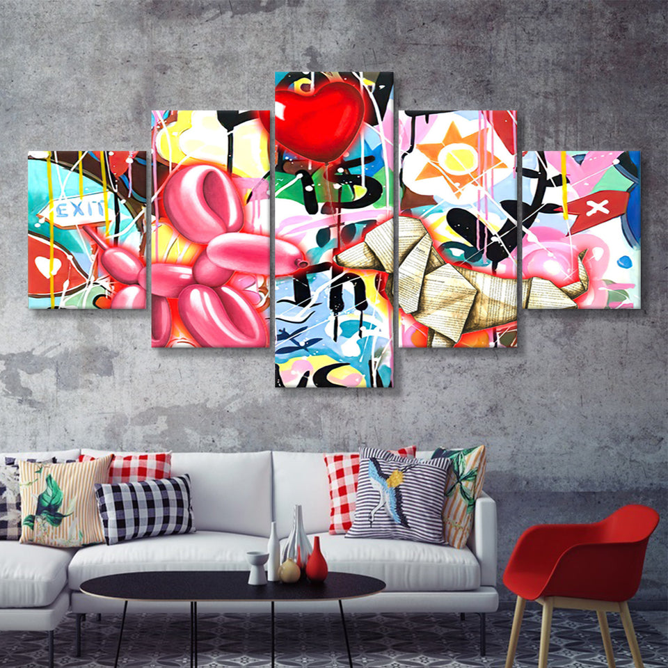 Love Heart & Balloon Dog Canvas 5 Pieces Prints Wall Art Decor - Painting Canvas, Multi Panels, Canvas Print