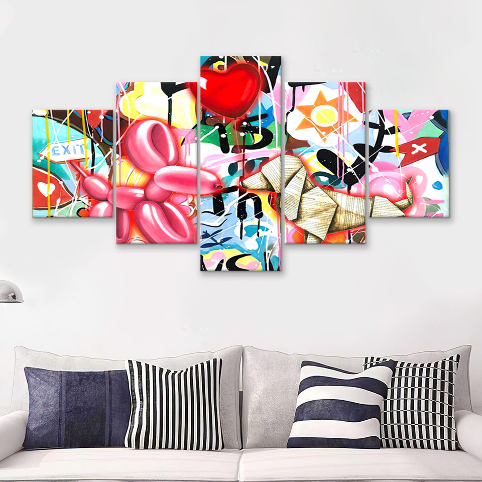 Love Heart & Balloon Dog Canvas 5 Pieces Prints Wall Art Decor - Painting Canvas, Multi Panels, Canvas Print