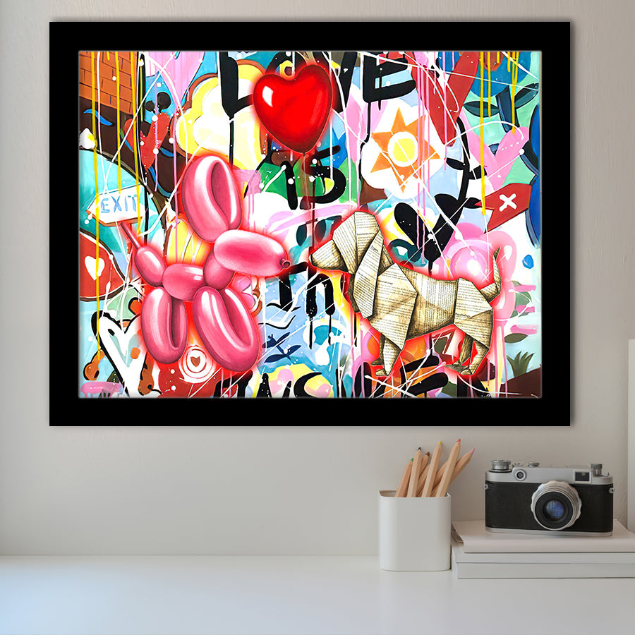 Love Heart & Balloon Dog Framed Art Print Wall Decor - Painting Art, Wall Art Decor, Framed Picture, Black Frame