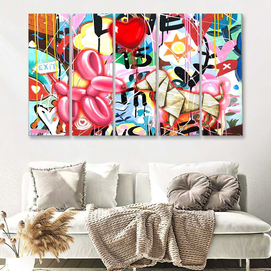 Love Heart & Balloon Dog Canvas 5 Piece B Prints Wall Art Decor - Painting Canvas, Multi Panels, Canvas Prints