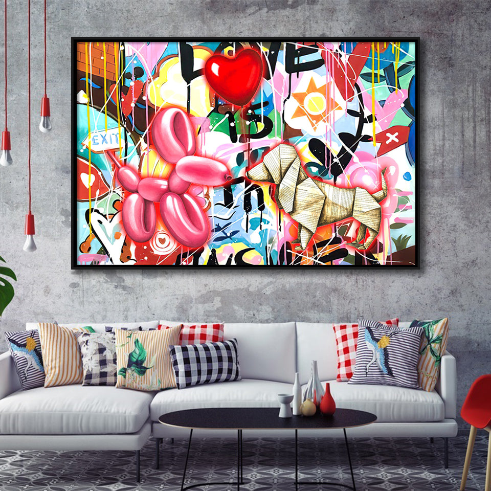 Love Heart & Balloon Dog Framed Canvas Prints Wall Art Decor - Painting Canvas, Floating Frame, Framed Picture